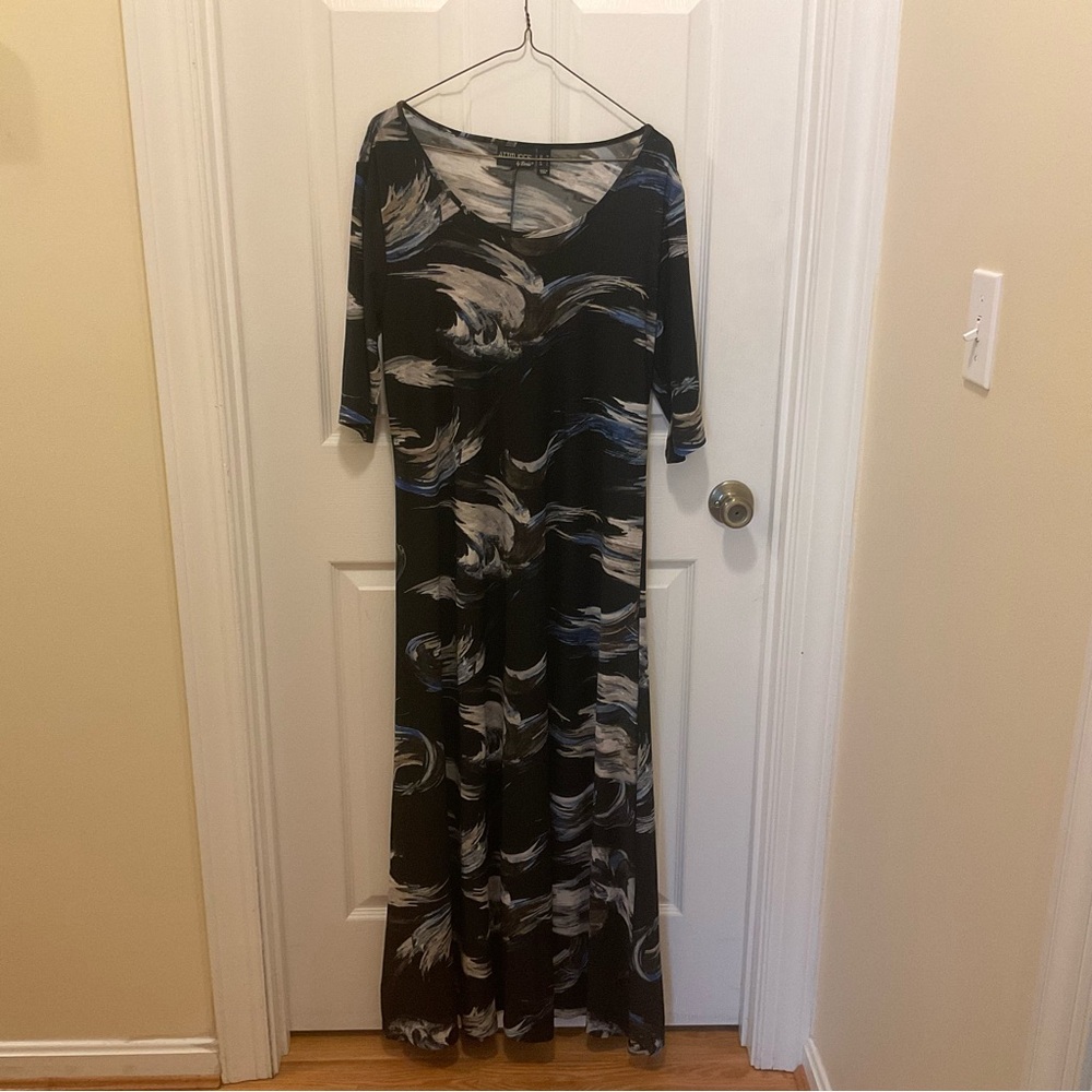 Attitudes by Renee Black, Gray, Blue, and White Pattern Maxi Sundress